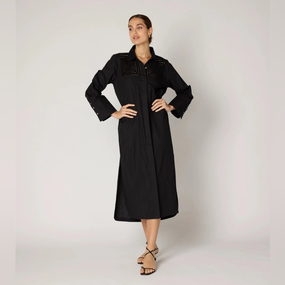 Cleobella Bailey Midi Dress Black Crochet Yoke Button Front Belted NWT Size L